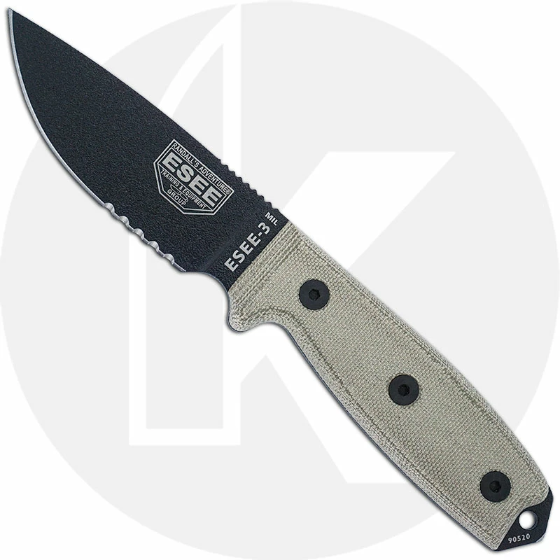 ESEE Knives ESEE-3MIL-S - Part Serrated Black Drop Point - Micarta Handle - Glass Breaker Pommel - OD Molded MOLLE Sheath 3 ESEE Knives ESEE-3MIL-S - Part Serrated Black Drop Point - Micarta Handle - Glass Breaker Pommel - OD Molded MOLLE Sheath