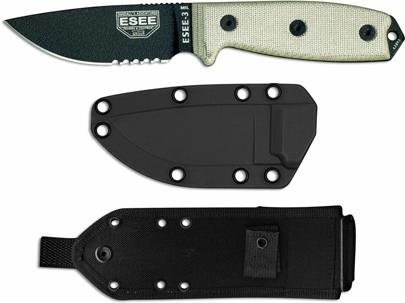 ESEE Knives ESEE-3MIL-S-B Part Serrated Black Drop Point - Micarta Handle - Glass Breaker Pommel - Black Molded MOLLE Sheath 4 ESEE Knives ESEE-3MIL-S-B Part Serrated Black Drop Point - Micarta Handle - Glass Breaker Pommel - Black Molded MOLLE Sheath - Image 2