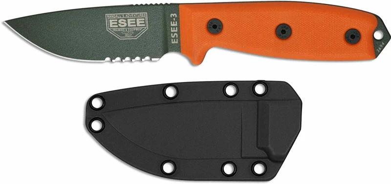 ESEE Knives ESEE-3S-OD Part Serrated Olive Drab Drop Point - Orange G10 Handle - Black Molded Sheath 4 ESEE Knives ESEE-3S-OD Part Serrated Olive Drab Drop Point - Orange G10 Handle - Black Molded Sheath - Image 2