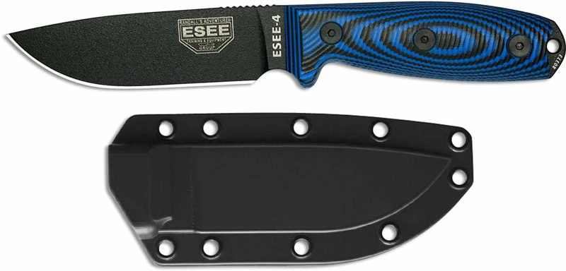ESEE Knives ESEE-4 - 4PB-008 - Black Drop Point - Blue / Black 3D G10 Handle - Black Molded Sheath 3 ESEE Knives ESEE-4 - 4PB-008 - Black Drop Point - Blue / Black 3D G10 Handle - Black Molded Sheath - Image 2