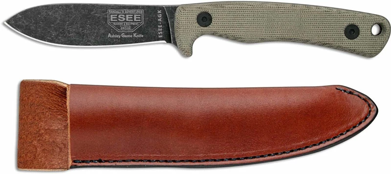 ESEE Knives Ashley Game Knife - ESEE-AGK - Ashley Emerson - Black Oxide Stonewash Drop Point - Canvas Micarta Handle - Leather Pouch Sheath 4 ESEE Knives Ashley Game Knife - ESEE-AGK - Ashley Emerson - Black Oxide Stonewash Drop Point - Canvas Micarta Handle - Leather Pouch Sheath - Image 2