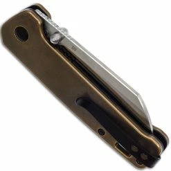 QSP Knives QSP Penguin Knife QS130-F - 2 Tone Satin D2 Sheepfoot - Brass Handle - Liner Lock Folder -SMKW store QSP 130F closed back