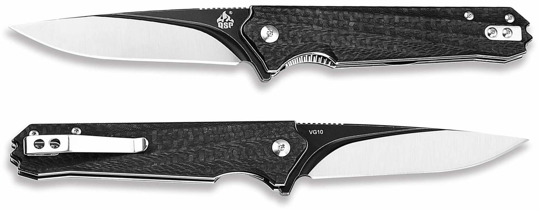 QSP Knives QSP Mamba Knife QS111-A - Black / Satin VG-10 Drop Point - Carbon Fiber - Liner Lock Flipper Folder 3 QSP Knives QSP Mamba Knife QS111-A - Black / Satin VG-10 Drop Point - Carbon Fiber - Liner Lock Flipper Folder